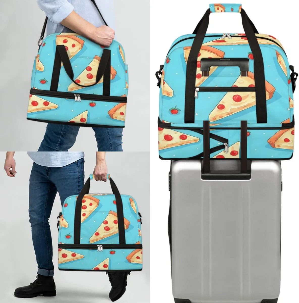 Fast Food Pizza Pattern Foldable Travel Duffel Bag Overnight Weekender Bag with Shoes Compartment Sports Gym Bag for Men Women