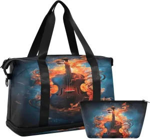 Fire Guitar Sports Gym Bag,Travel Duffel bag with Wet Pocket & Shoes Compartment Lightweight Waterproof Overnight Bag for Men Women