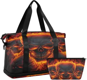Fire Skulls Sports Gym Bag,Travel Duffel bag with Wet Pocket & Shoes Compartment Lightweight Waterproof Overnight Bag for Men Women