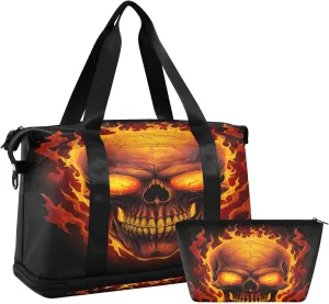 Fire Skulls Sports Gym Bag,Travel Duffel bag with Wet Pocket & Shoes Compartment Lightweight Waterproof Overnight Bag for Men Women