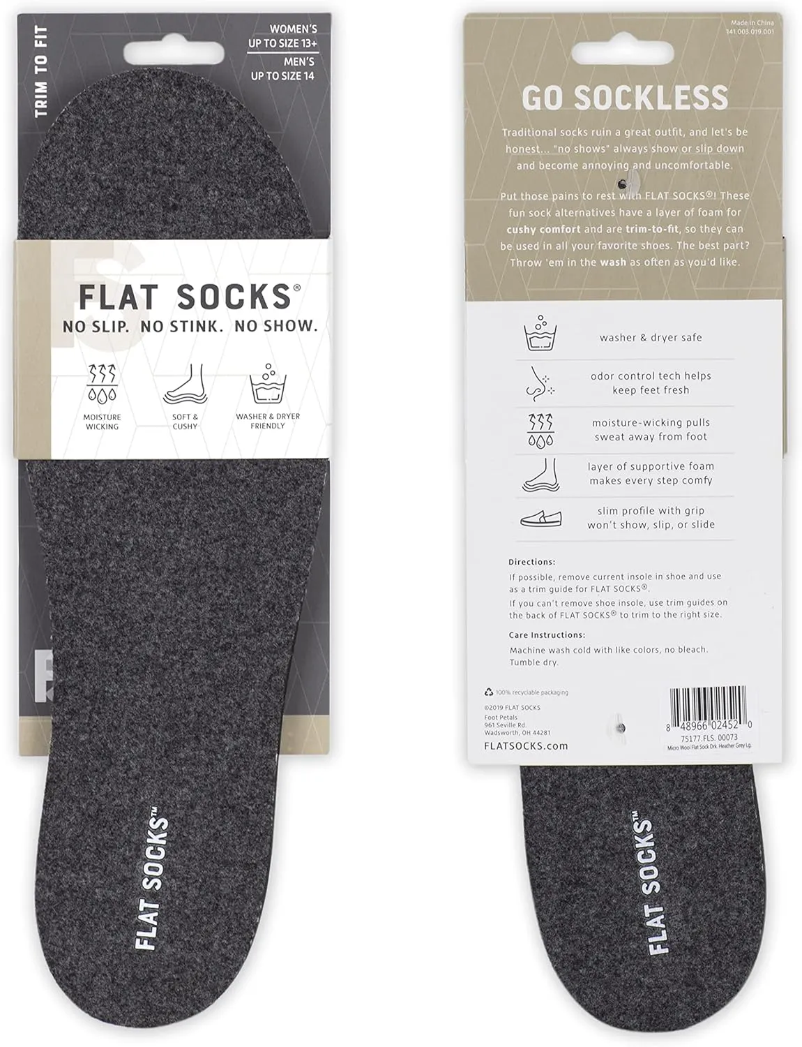 FLAT SOCKS Womens No Show Socks, Sockless Shoe Liner, No Slipping, No Stinking, Washable Barefoot Shoe Insert, Classic