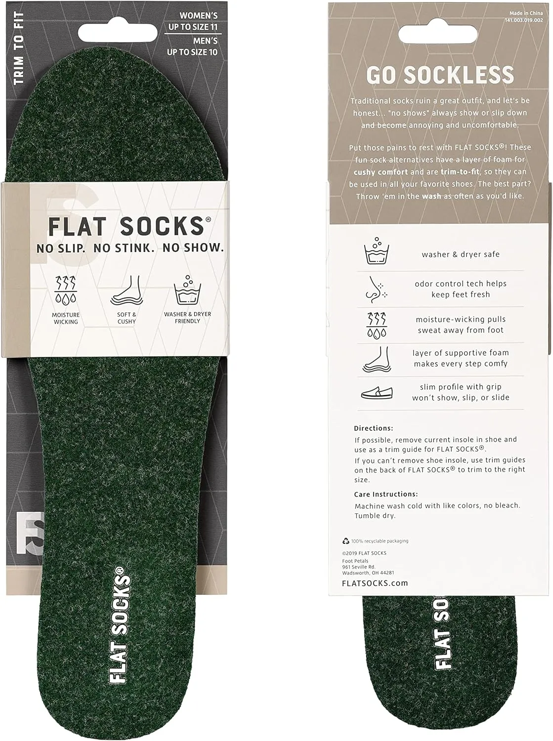 FLAT SOCKS Womens No Show Socks, Sockless Shoe Liner, No Slipping, No Stinking, Washable Barefoot Shoe Insert, Classic