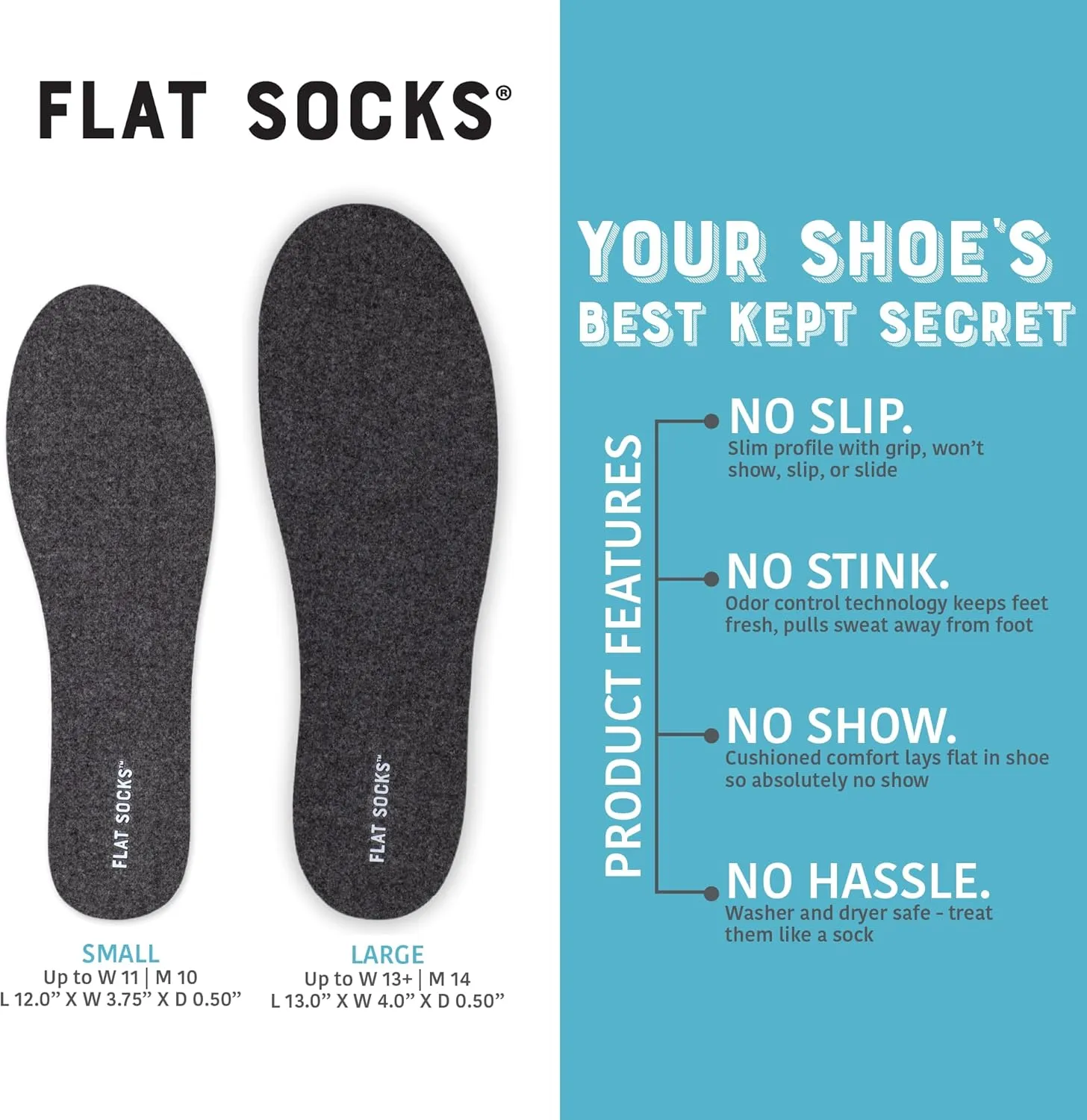 FLAT SOCKS Womens No Show Socks, Sockless Shoe Liner, No Slipping, No Stinking, Washable Barefoot Shoe Insert, Classic