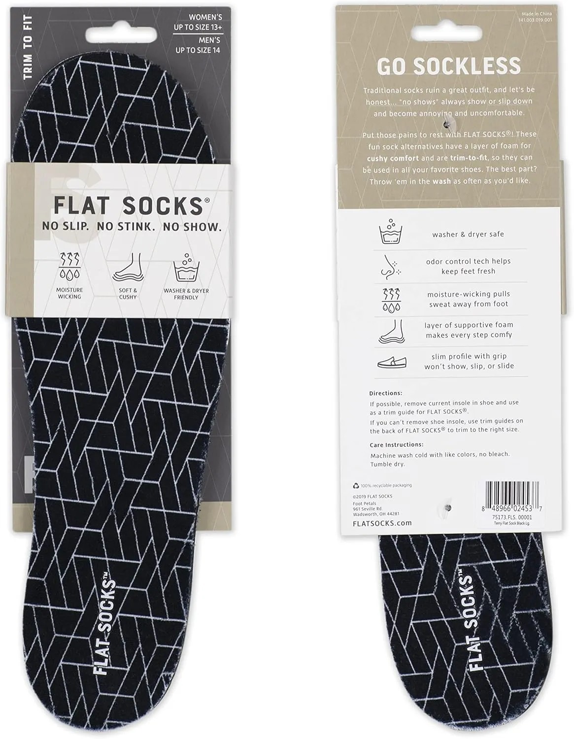 FLAT SOCKS Womens No Show Socks, Sockless Shoe Liner, No Slipping, No Stinking, Washable Barefoot Shoe Insert, Classic