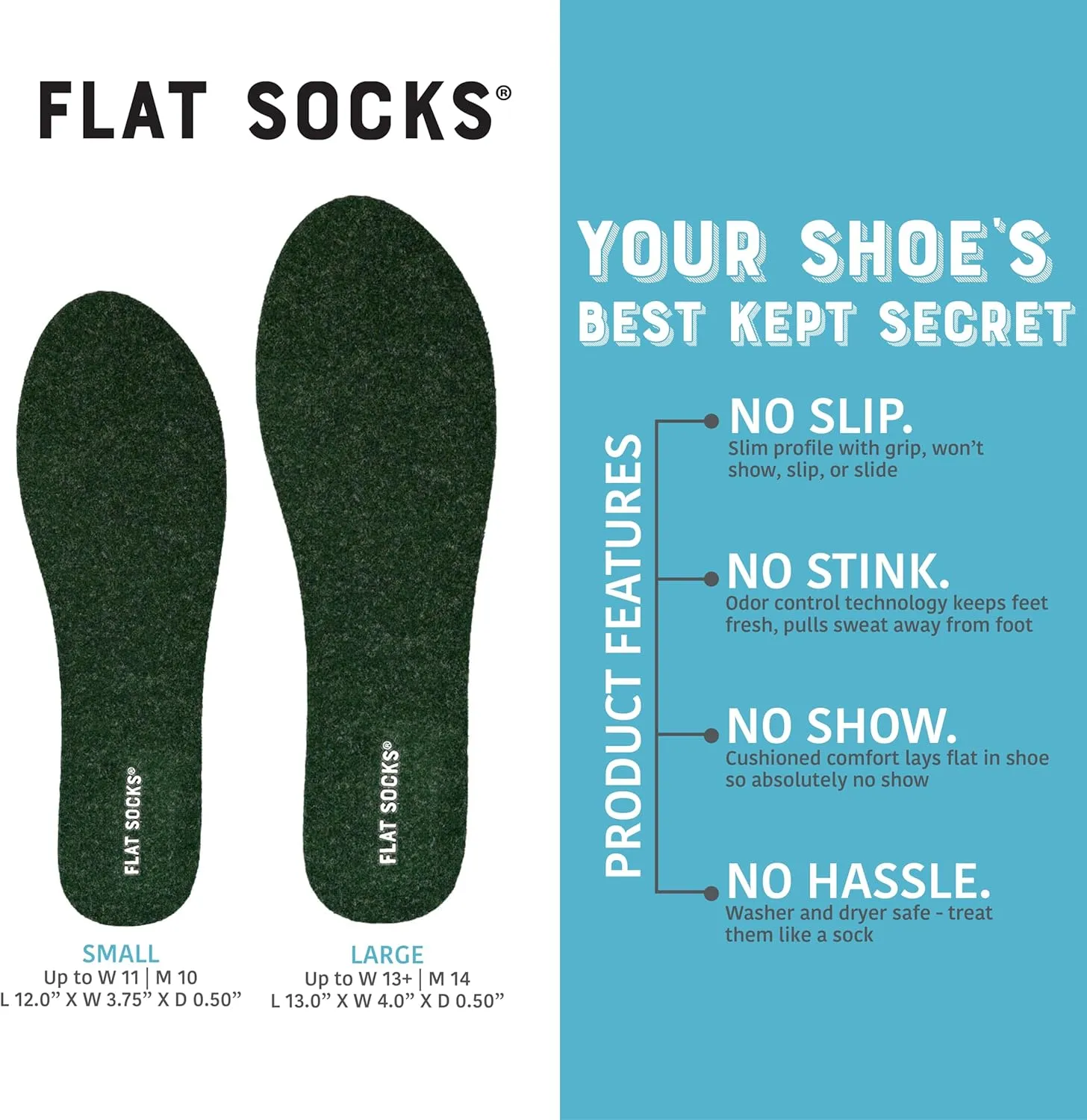 FLAT SOCKS Womens No Show Socks, Sockless Shoe Liner, No Slipping, No Stinking, Washable Barefoot Shoe Insert, Classic