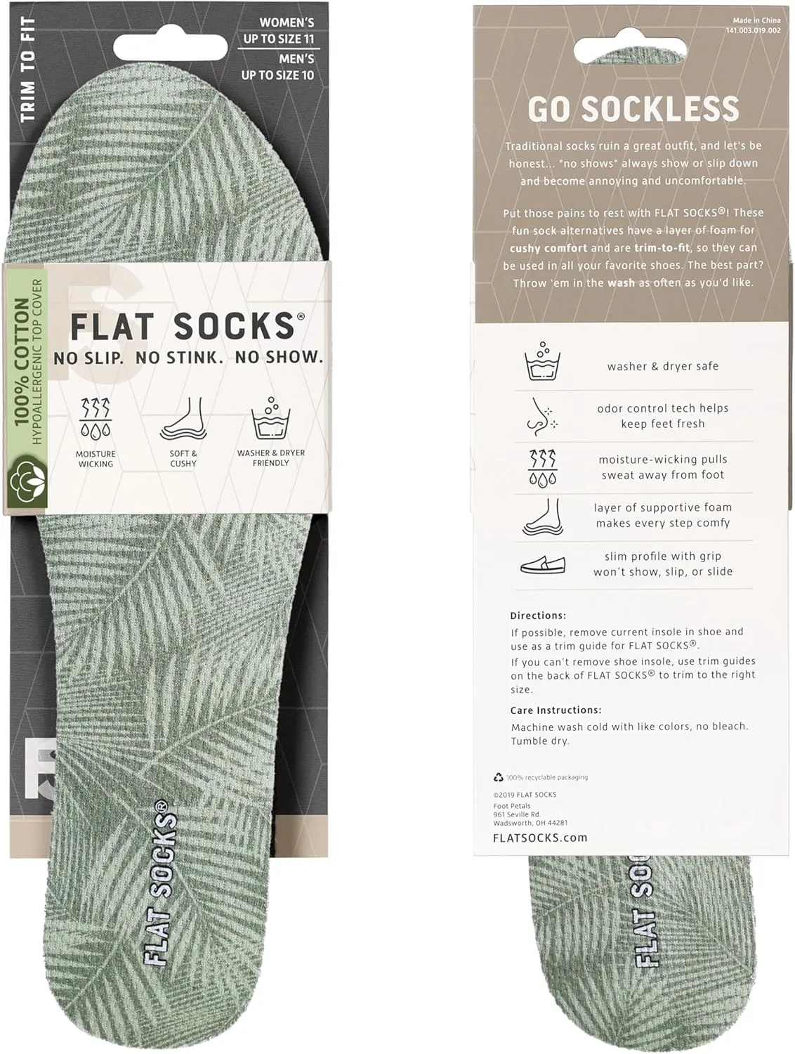 FLAT SOCKS Womens No Show Socks, Sockless Shoe Liner, No Slipping, No Stinking, Washable Barefoot Shoe Insert, Floral Print