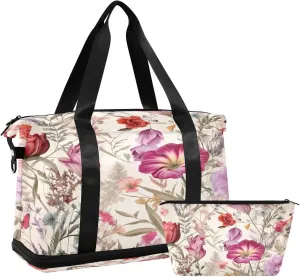 Floral Print Sports Gym Bag,Travel Duffel bag with Wet Pocket & Shoes Compartment Lightweight Waterproof Overnight Bag for Men Women