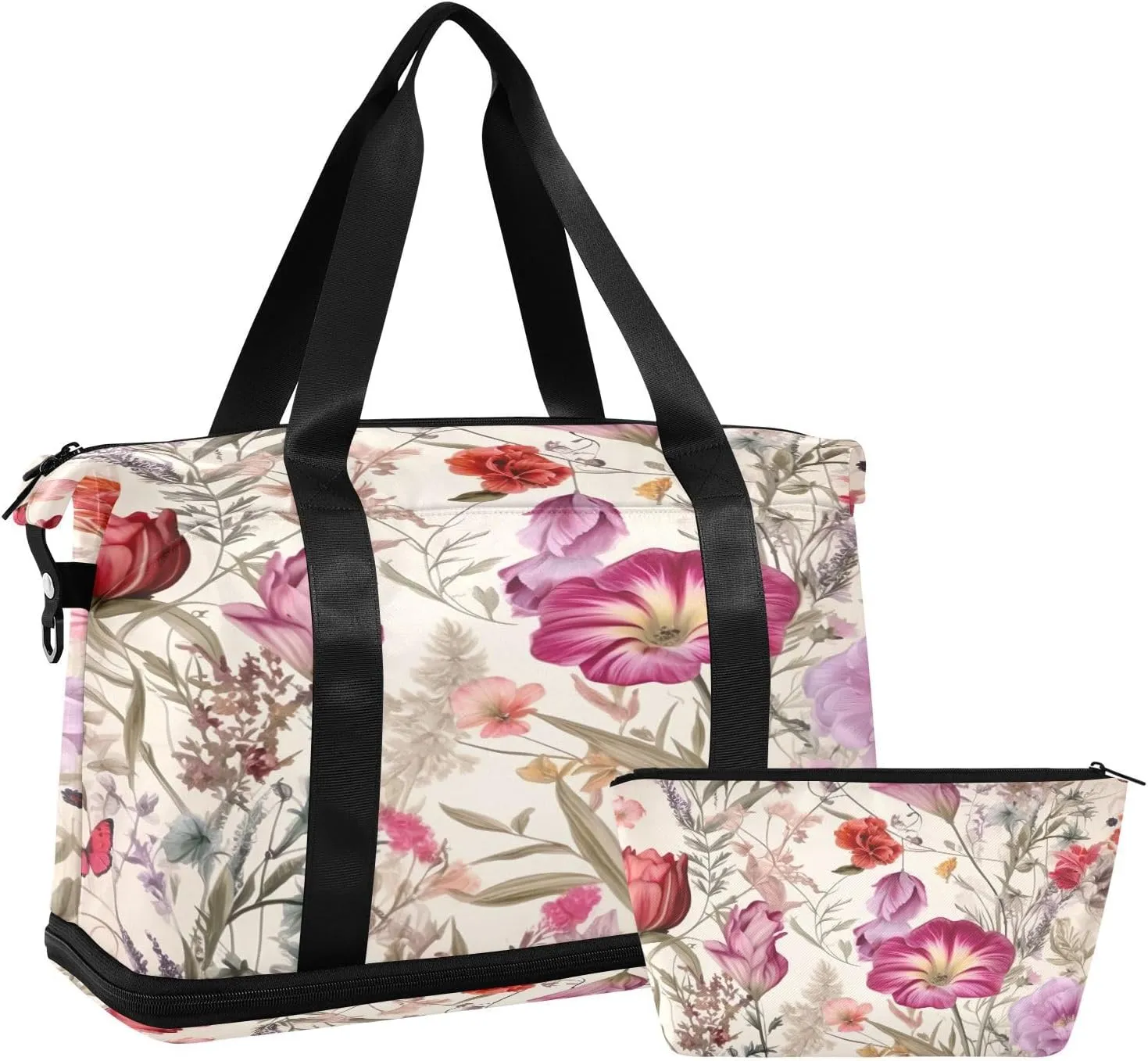 Floral Print Sports Gym Bag,Travel Duffel bag with Wet Pocket & Shoes Compartment Lightweight Waterproof Overnight Bag for Men Women