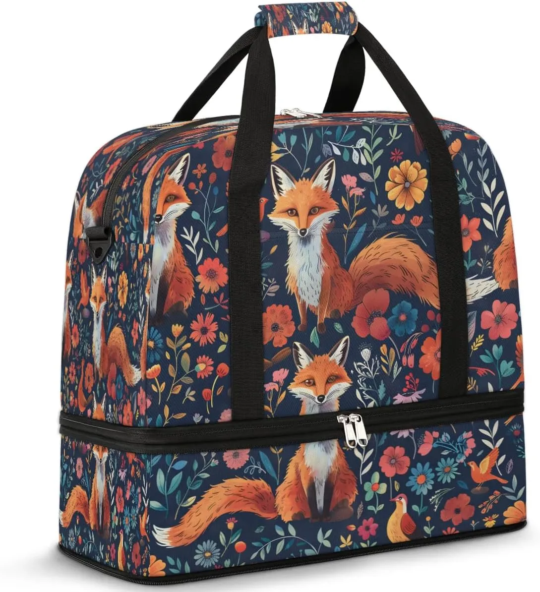 Flower Fox Foldable Travel Duffel Bag Overnight Weekender Bags with Shoes Compartment Sports Gym Bags for Men Women