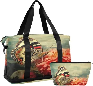 Flowers Butterflies Sports Gym Bag,Travel Duffel bag with Wet Pocket & Shoes Compartment Lightweight Waterproof Overnight Bag for Men Women