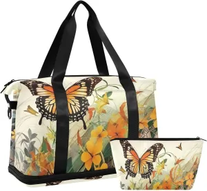 Flowers Butterflies Sports Gym Bag,Travel Duffel bag with Wet Pocket & Shoes Compartment Lightweight Waterproof Overnight Bag for Men Women