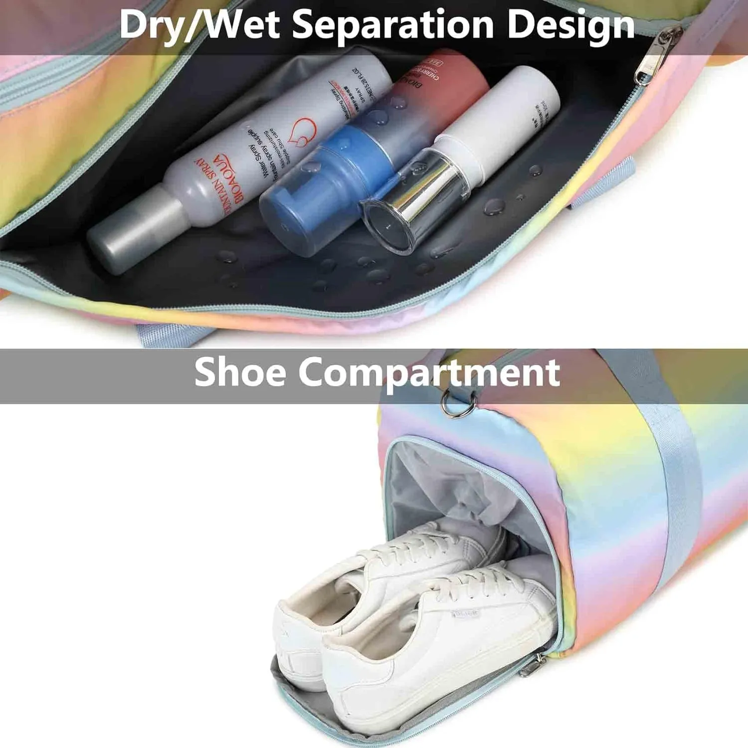 Foldable Gym Bag Sports Duffel Bag with Shoes Compartment & Wet Pocket Fitness Yoga Shoulder Bag Weekender Travel Bag (Rainbow)