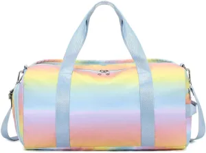 Foldable Gym Bag Sports Duffel Bag with Shoes Compartment & Wet Pocket Fitness Yoga Shoulder Bag Weekender Travel Bag (Rainbow)