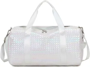 Foldable Gym Bag Sports Duffel Bag with Shoes Compartment & Wet Pocket Fitness Yoga Shoulder Bag Weekender Travel Bag (White)
