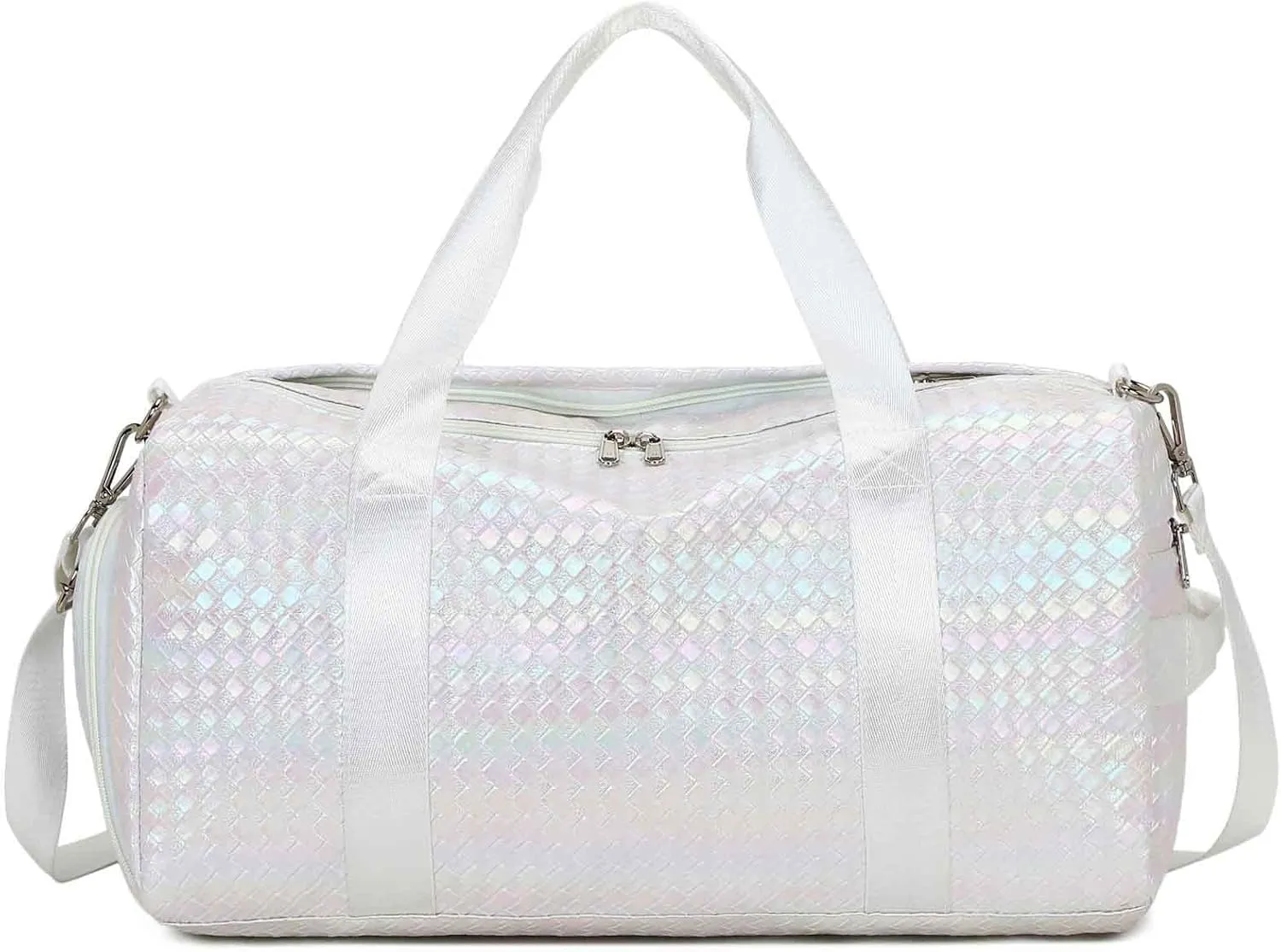 Foldable Gym Bag Sports Duffel Bag with Shoes Compartment & Wet Pocket Fitness Yoga Shoulder Bag Weekender Travel Bag (White)