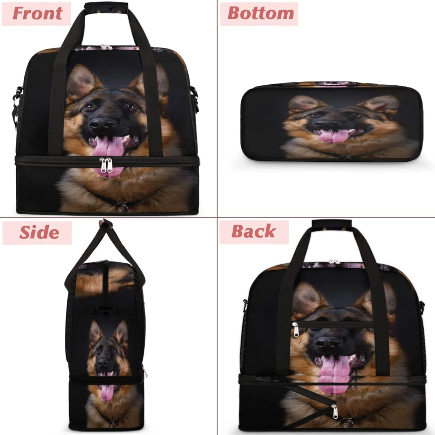 Foldable Travel Duffel Bag Tote for Women & Men, Lightweight Sports Gym Bag with Shoes Compartment Weekender Overnight Bag, Dog