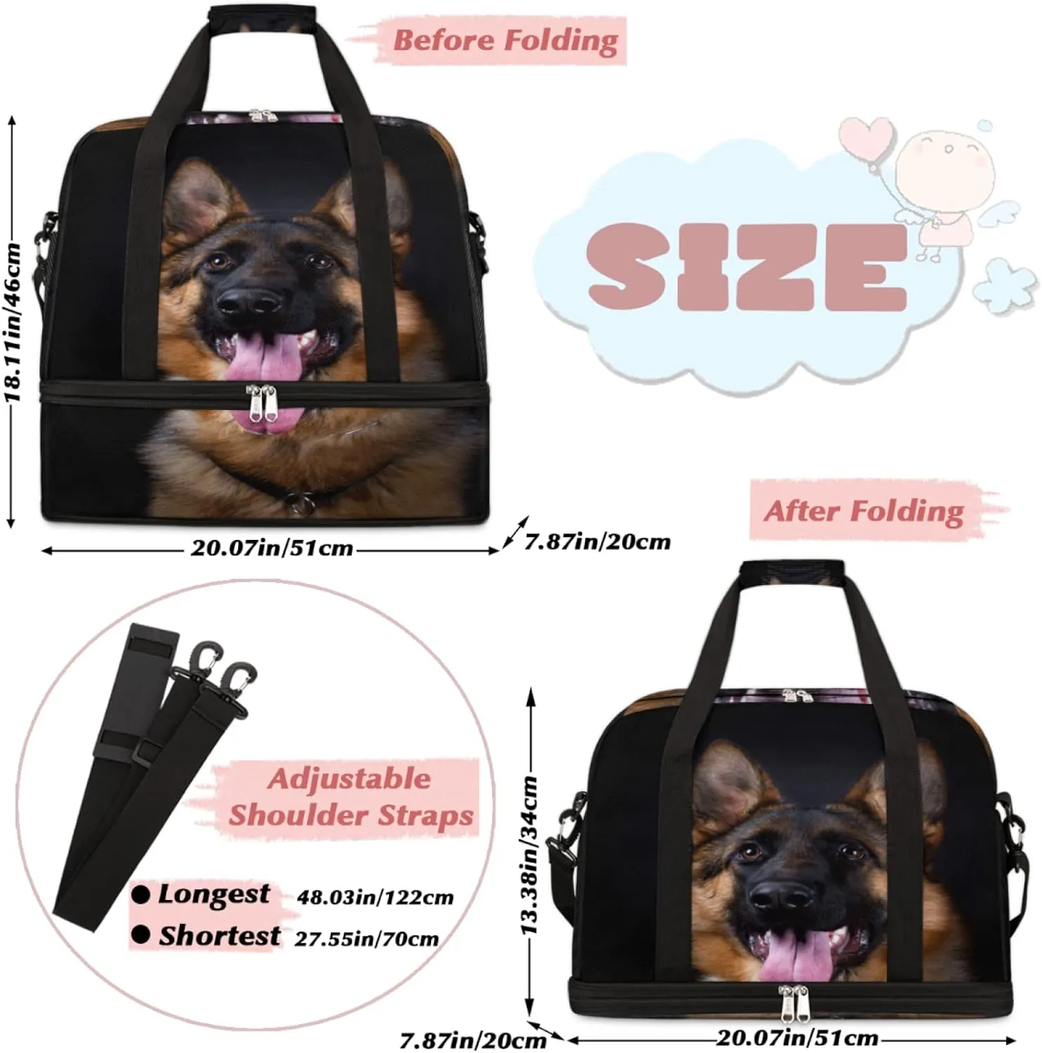 Foldable Travel Duffel Bag Tote for Women & Men, Lightweight Sports Gym Bag with Shoes Compartment Weekender Overnight Bag, Dog