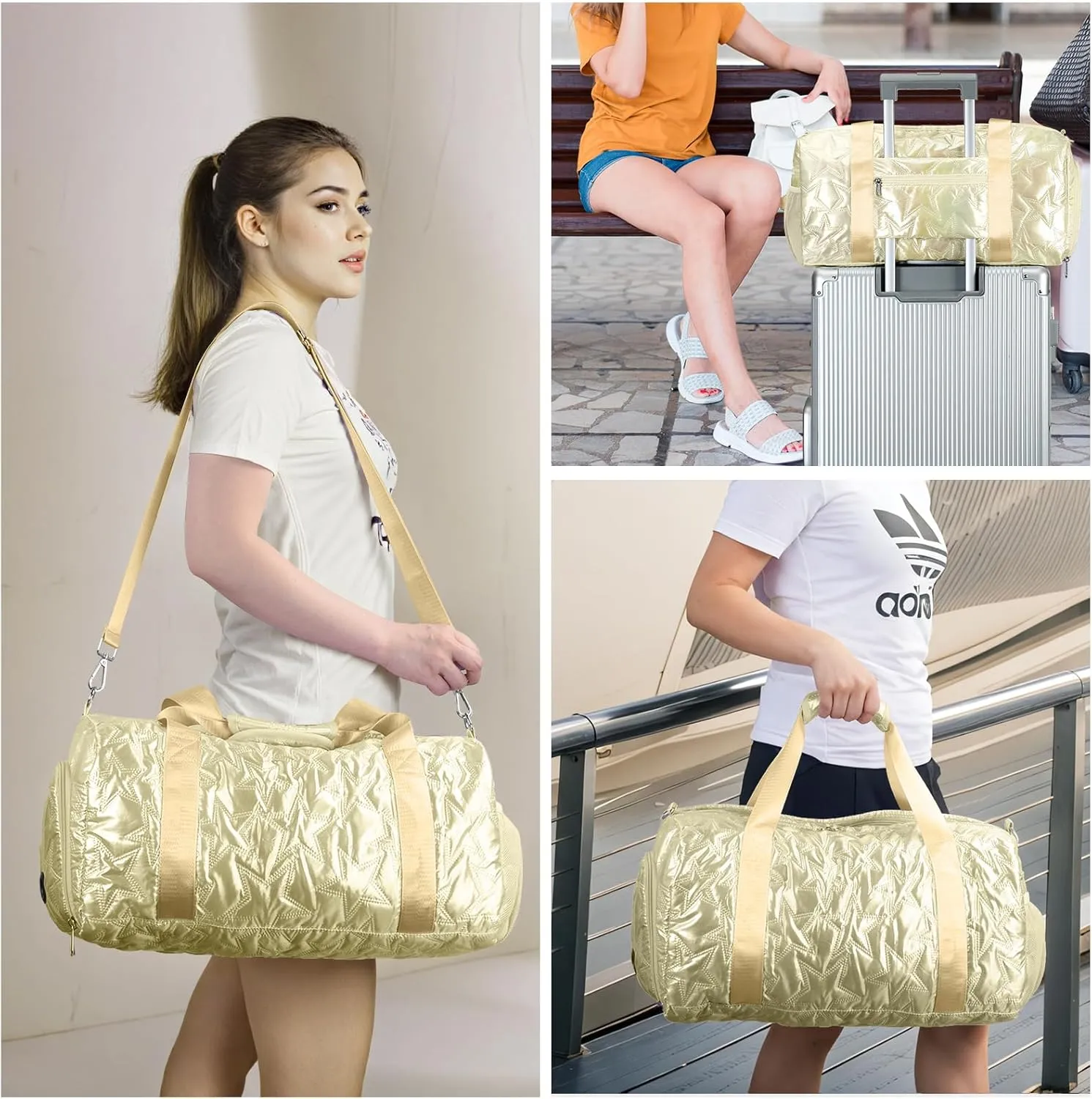 Forestfish Dance Bag For Girls, Small Gym Bag With Shoes Compartment Weekender Overnight Bag For Travel Lightweight Waterproof, Gold-B
