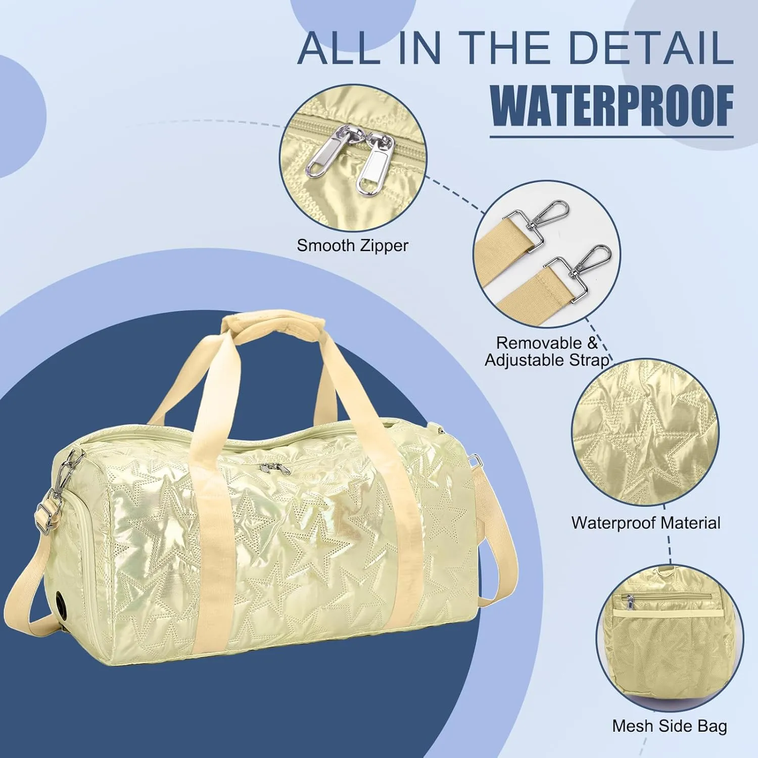 Forestfish Dance Bag For Girls, Small Gym Bag With Shoes Compartment Weekender Overnight Bag For Travel Lightweight Waterproof, Gold-B