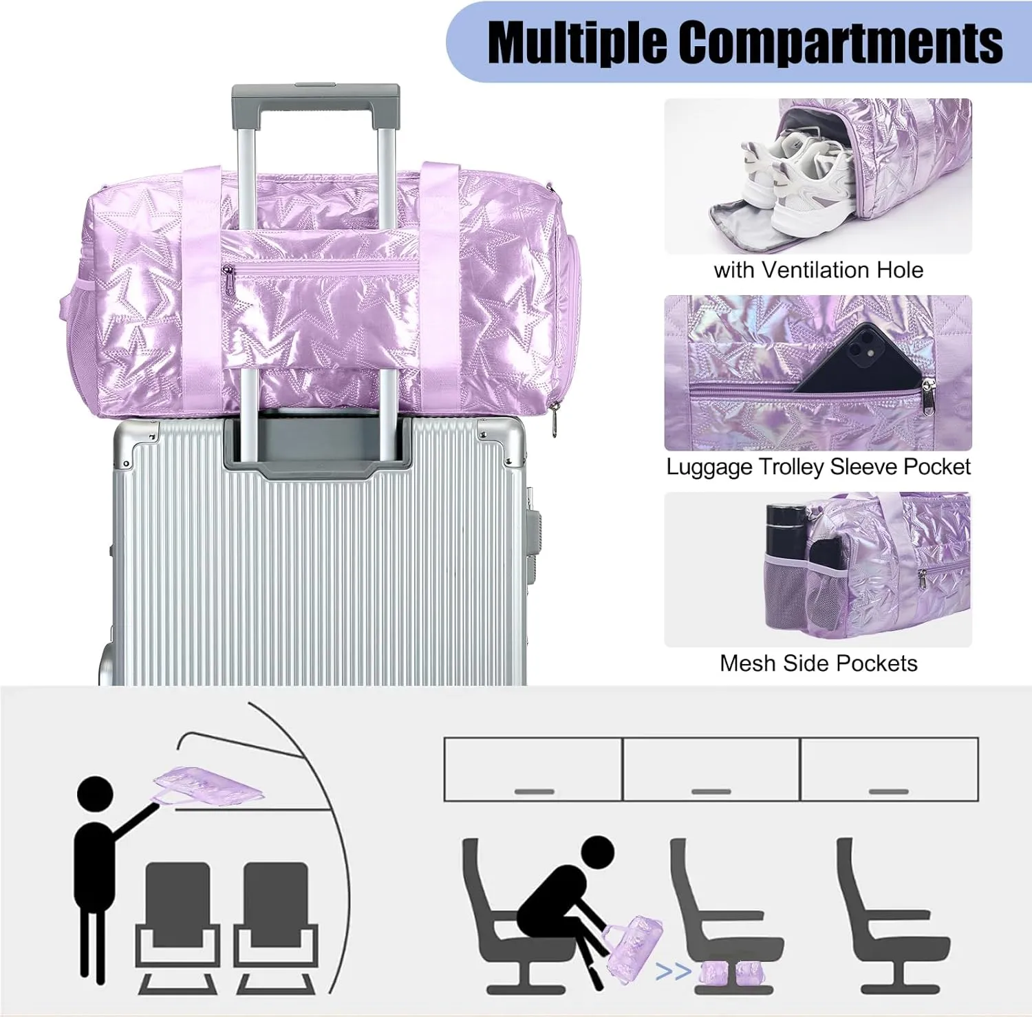 Forestfish Dance Bag For Girls, Small Gym Bag With Shoes Compartment Weekender Overnight Bag For Travel Lightweight Waterproof, Purple-B