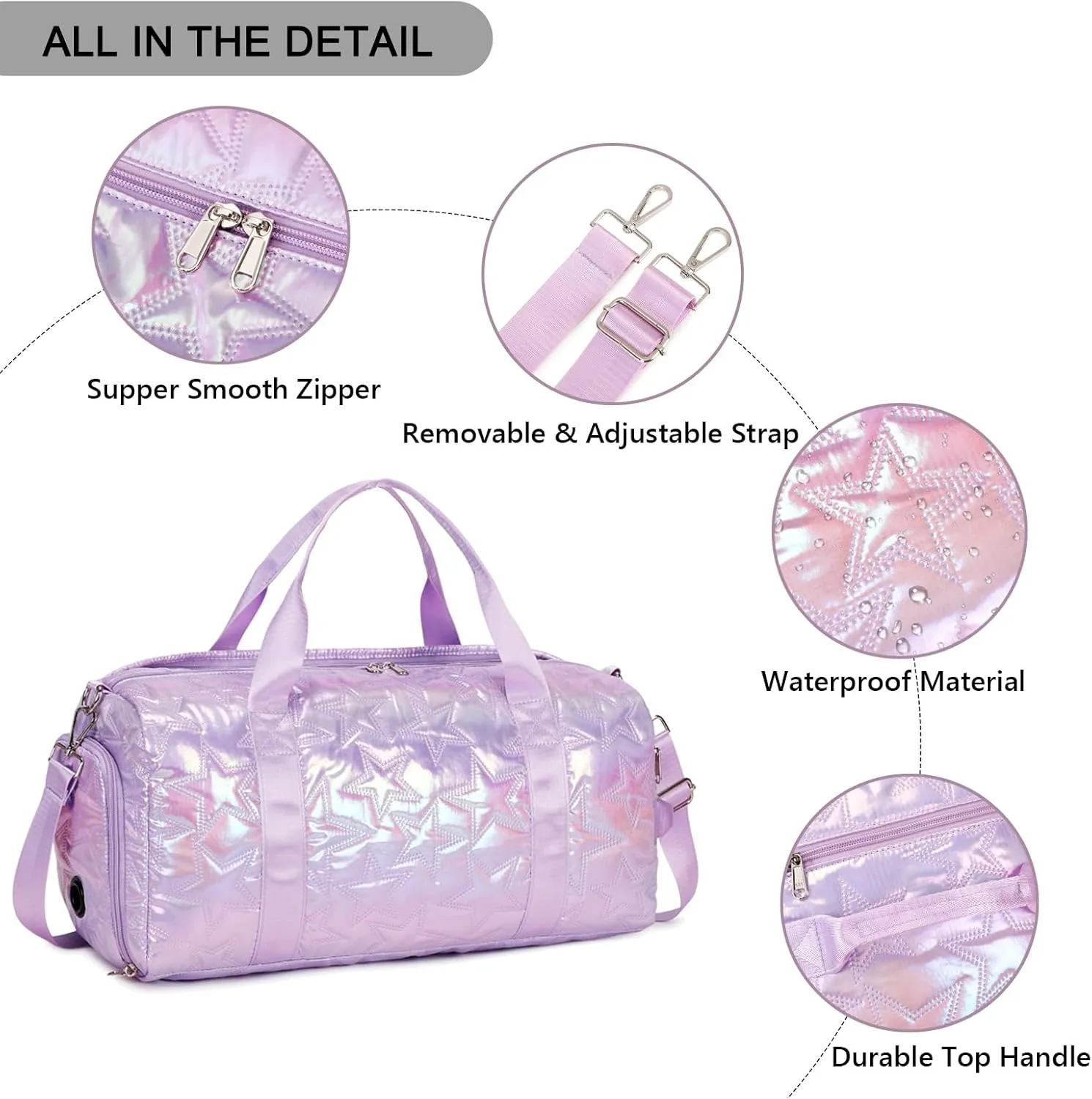 Forestfish Dance Bag For Girls, Small Gym Bag With Shoes Compartment Weekender Overnight Bag Travel Lightweight Waterproof, Purple