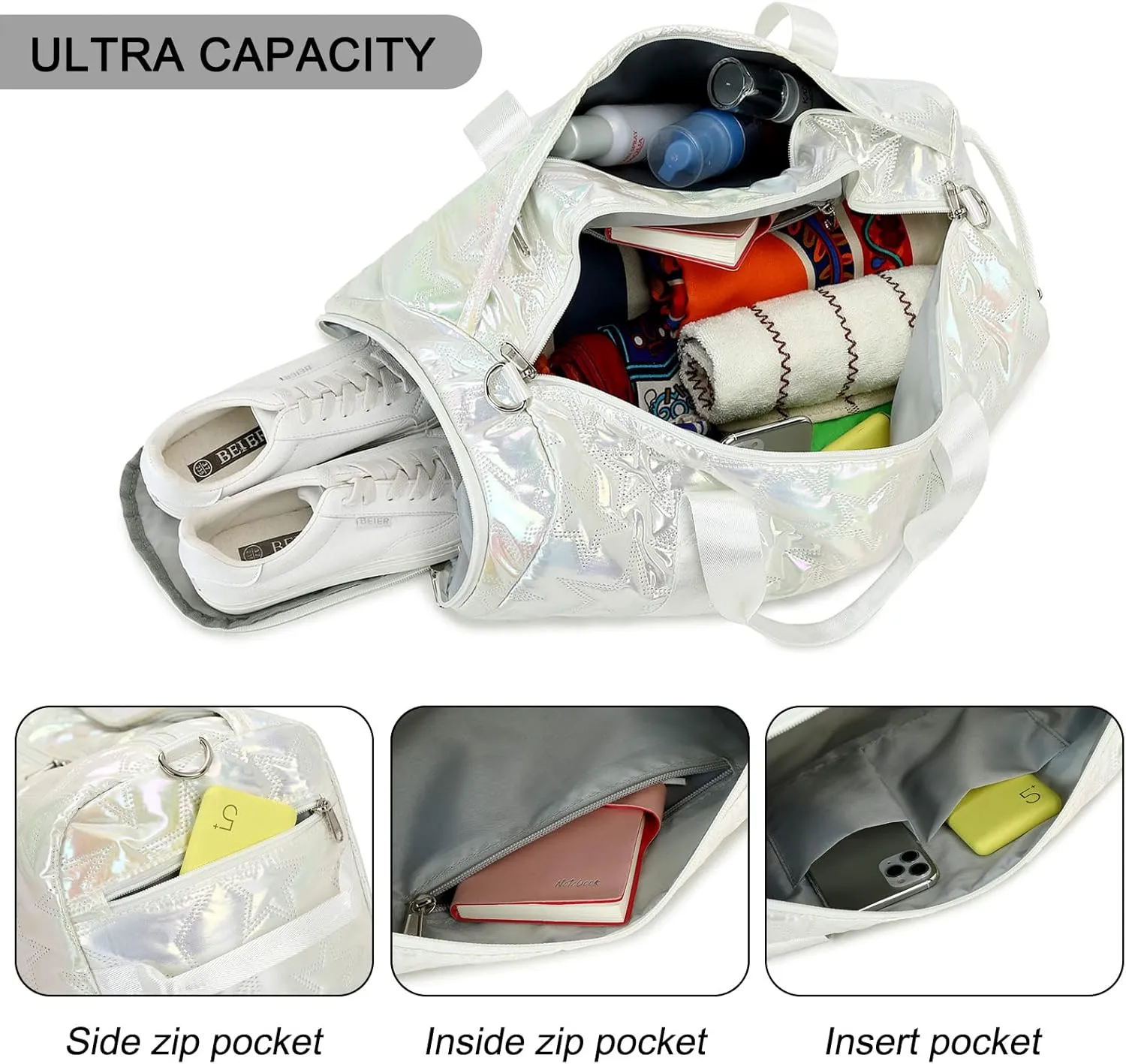 Forestfish Dance Bag For Girls, Small Gym Bag With Shoes Compartment Weekender Overnight Bag Travel Lightweight Waterproof, Silver