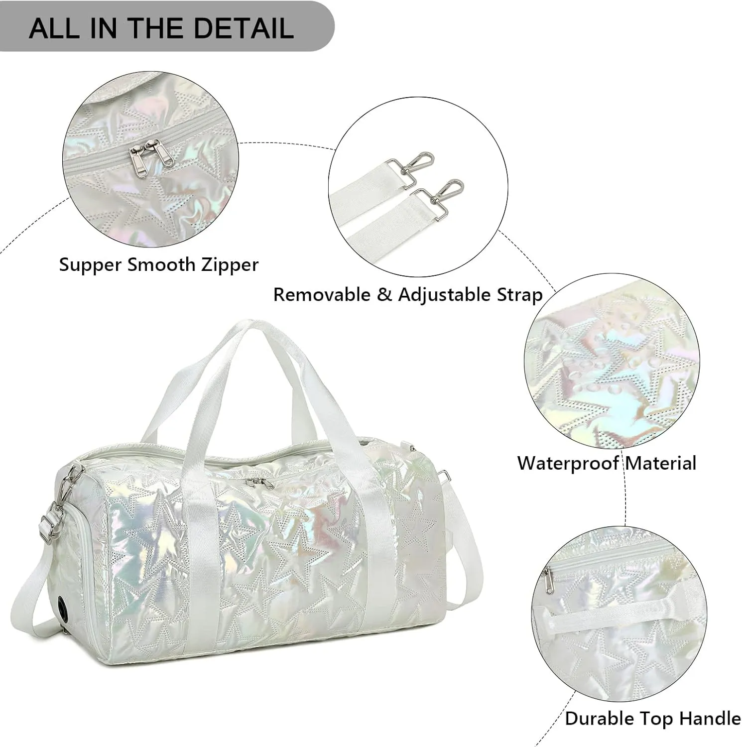 Forestfish Dance Bag For Girls, Small Gym Bag With Shoes Compartment Weekender Overnight Bag Travel Lightweight Waterproof, Silver