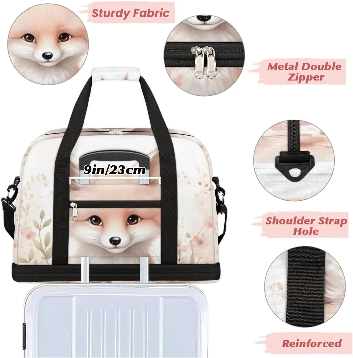 Fox Flower Foldable Travel Duffel Bag Overnight Weekender Bag with Shoes Compartment Sports Gym Bag for Men Women