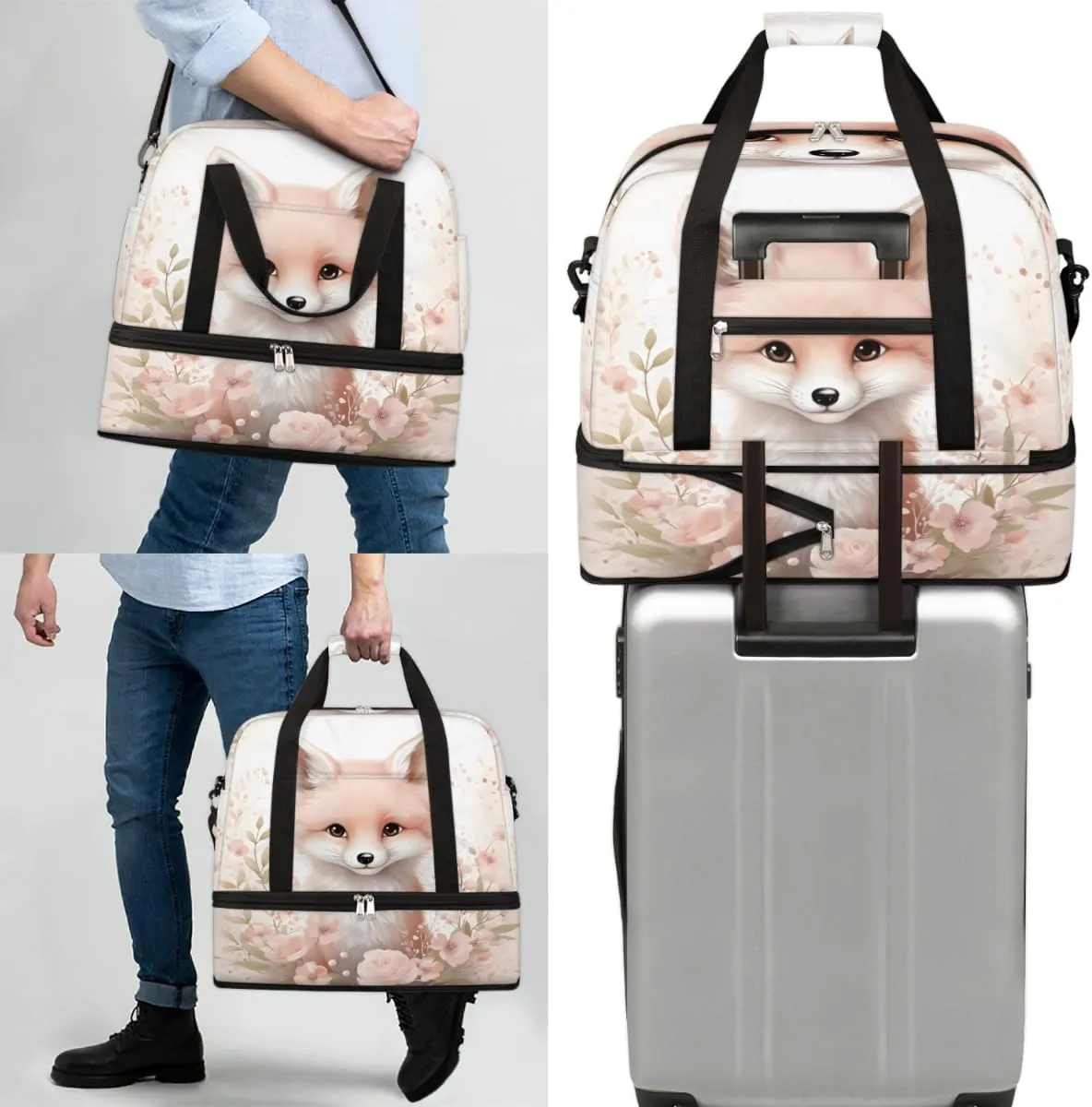 Fox Flower Foldable Travel Duffel Bag Overnight Weekender Bag with Shoes Compartment Sports Gym Bag for Men Women