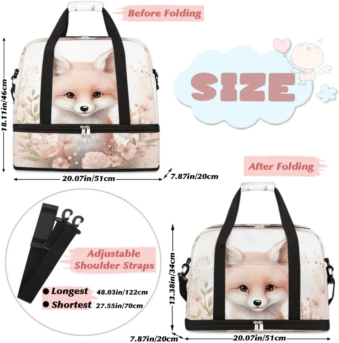 Fox Flower Foldable Travel Duffel Bag Overnight Weekender Bag with Shoes Compartment Sports Gym Bag for Men Women