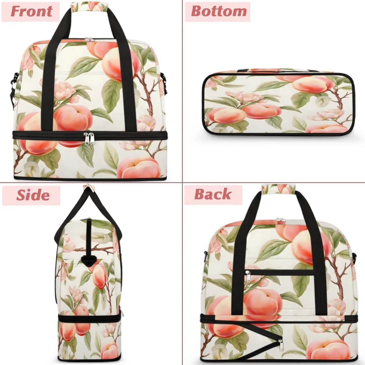 Fruit Peach Print Foldable Travel Duffel Bag Overnight Weekender Bag with Shoes Compartment Sports Gym Bag for Men Women
