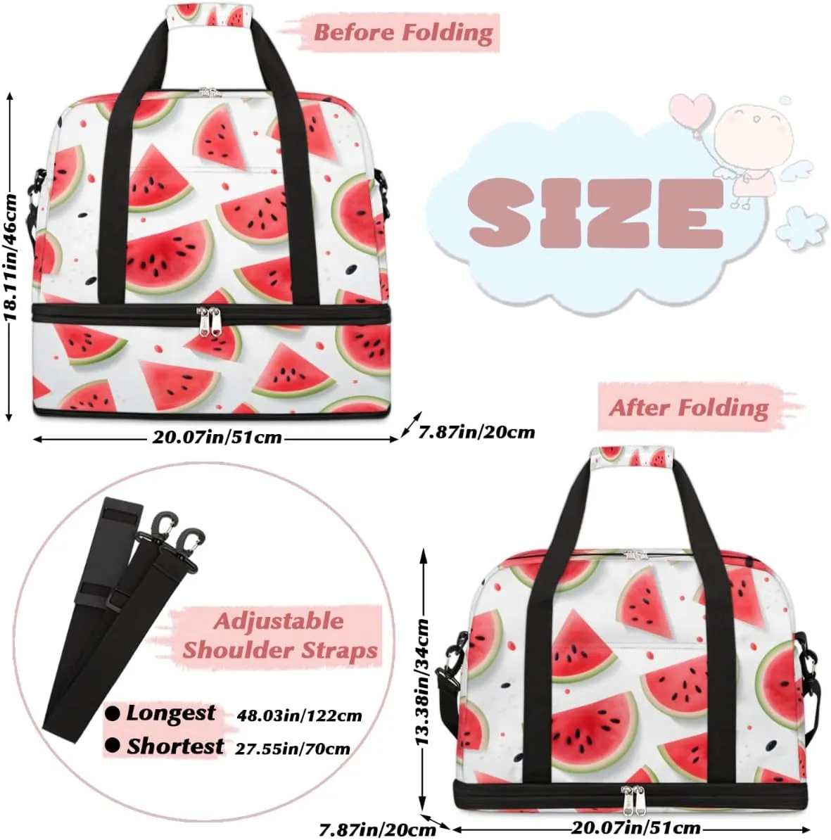 Fruit Watermelon Foldable Travel Duffel Bag Overnight Weekender Bag with Shoes Compartment Sports Gym Bag for Men Women