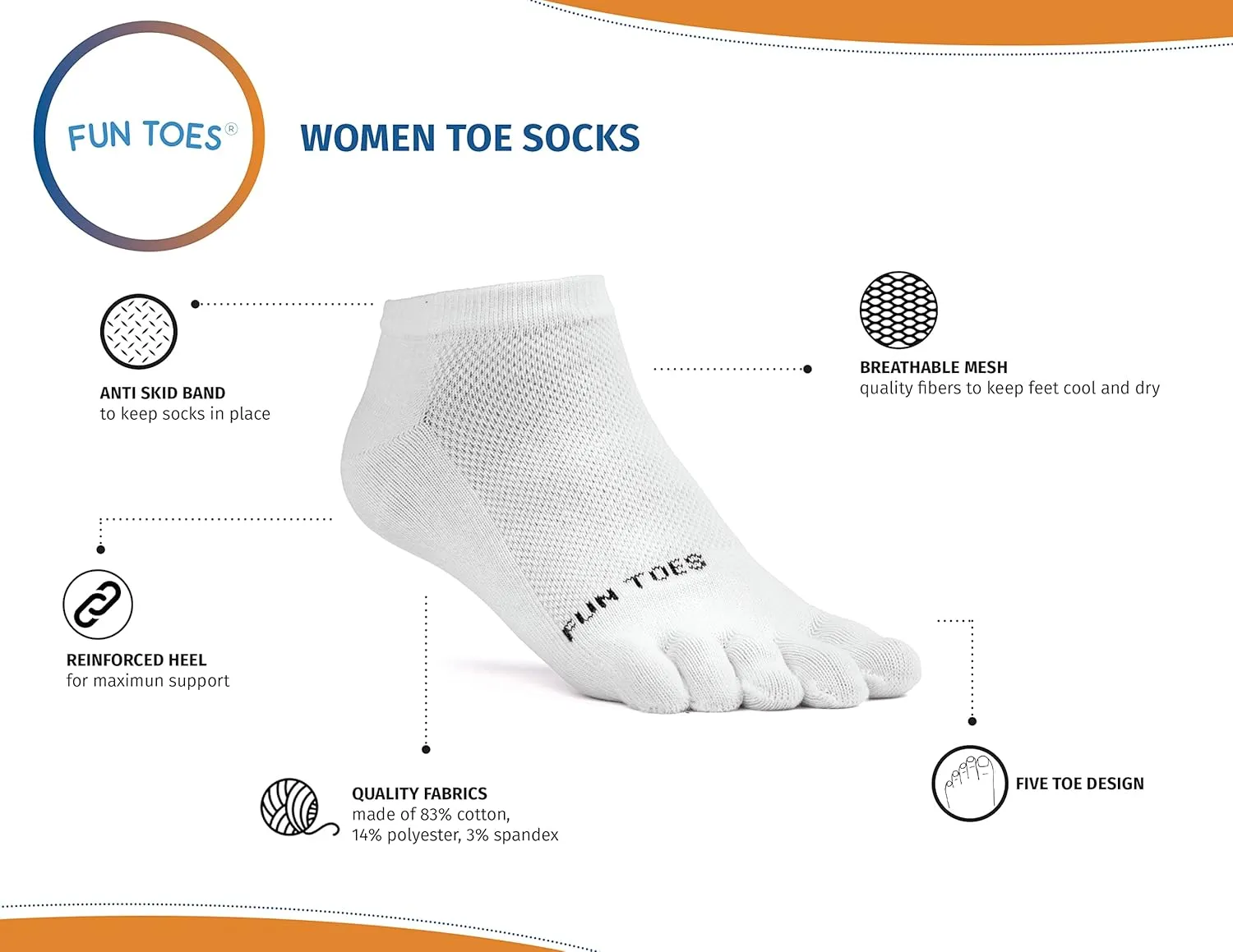 FUN TOES Women's Cotton Toe Socks-Barefoot Running- Breathable- 6 Pairs Pack-Size 9-11 Lightweight