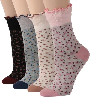 Funcat Women's Lace Ruffle Frilly Colorful Floral Cotton Casual Novelty Ankle Socks 4/5/6 Pairs