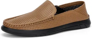 Genuine Leather Men's Summer Breathable Slip on Loafers Soft Comfortable Walking Driving Shoes