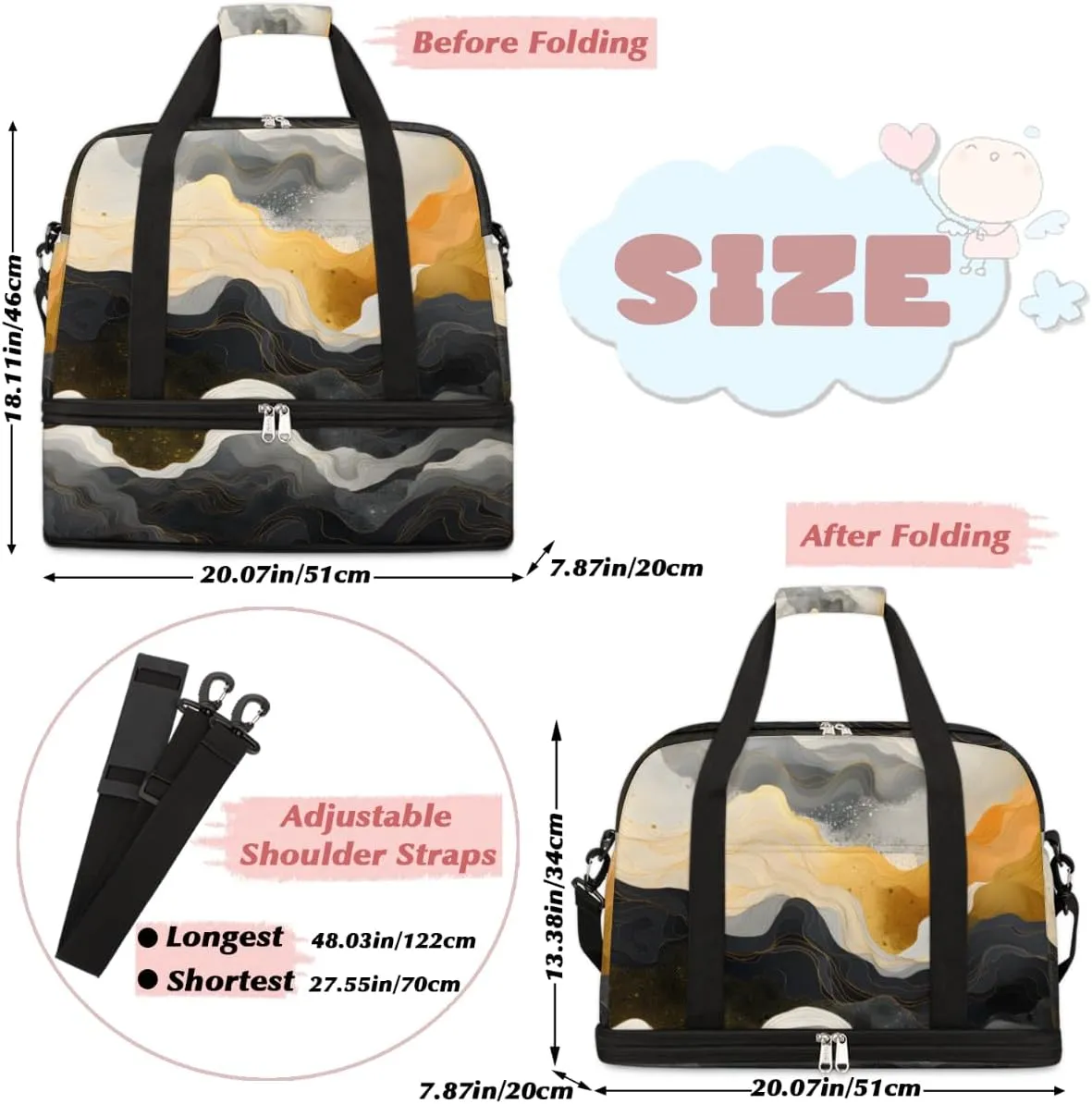 Gold Black Marble Foldable Travel Duffel Bag Overnight Weekender Bag with Shoes Compartment Sports Gym Bag for Men Women