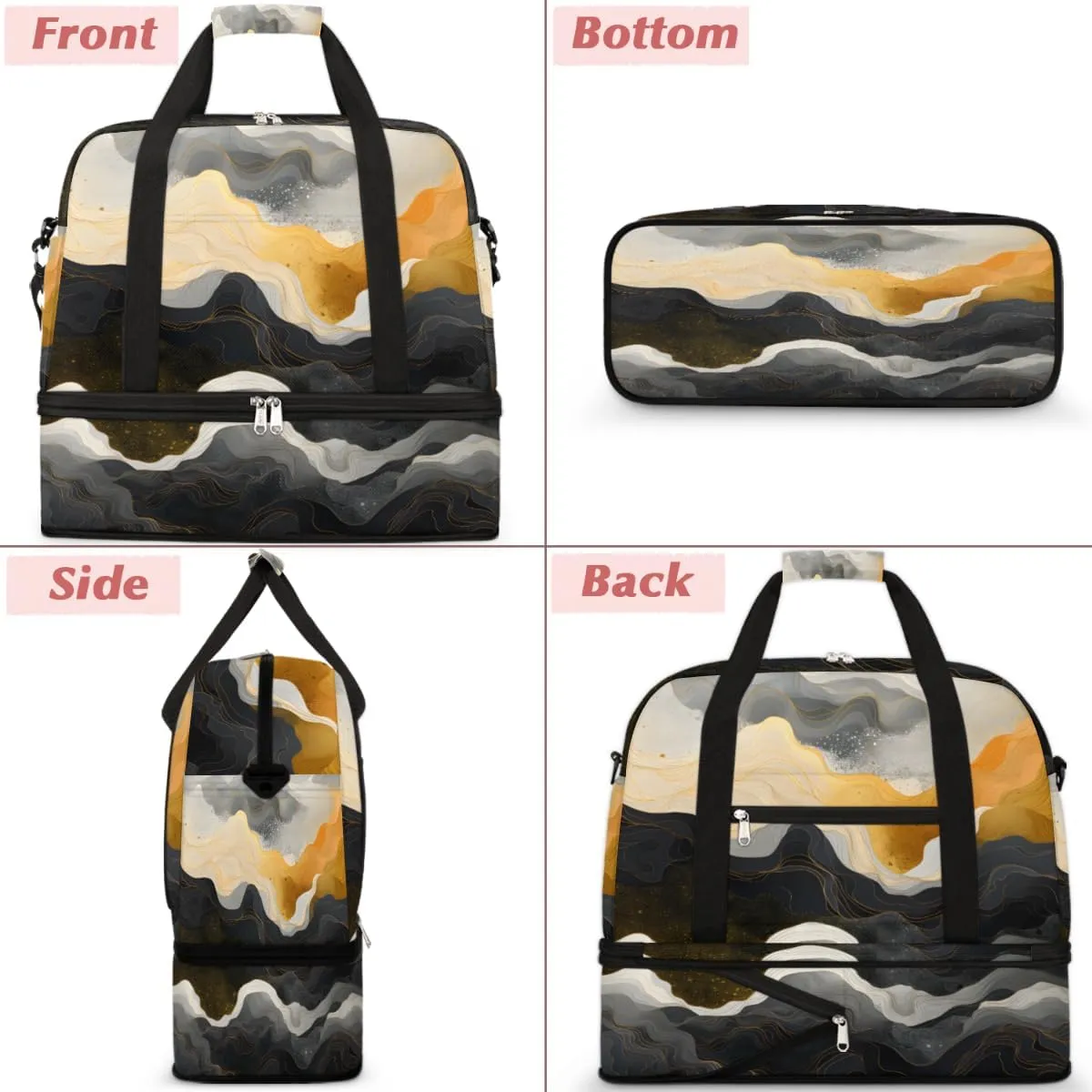 Gold Black Marble Foldable Travel Duffel Bag Overnight Weekender Bag with Shoes Compartment Sports Gym Bag for Men Women