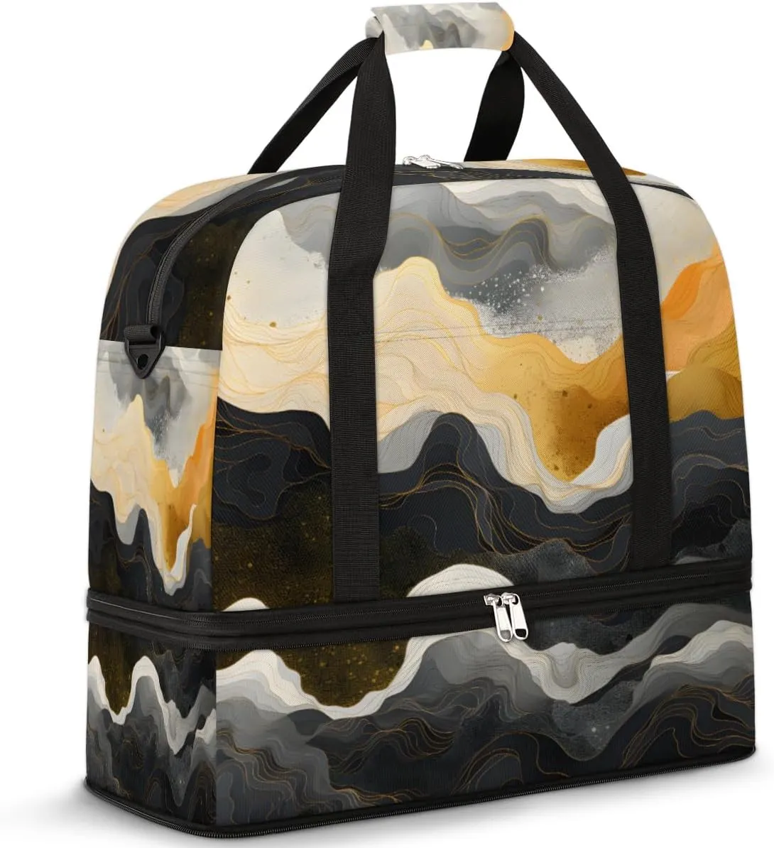 Gold Black Marble Foldable Travel Duffel Bag Overnight Weekender Bag with Shoes Compartment Sports Gym Bag for Men Women