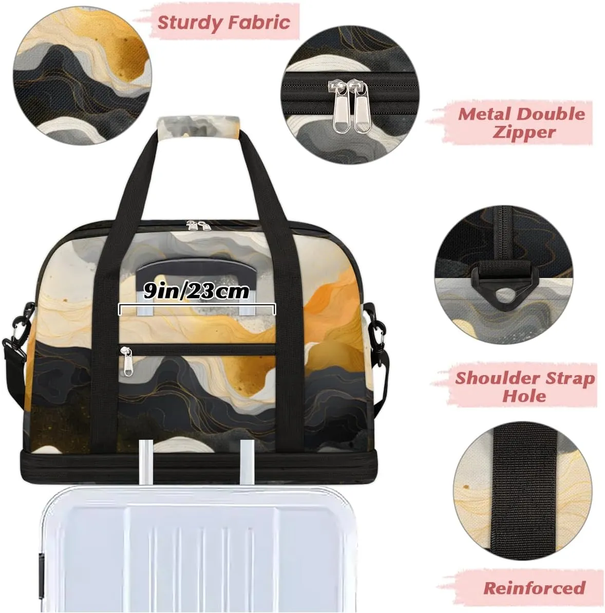 Gold Black Marble Foldable Travel Duffel Bag Overnight Weekender Bag with Shoes Compartment Sports Gym Bag for Men Women