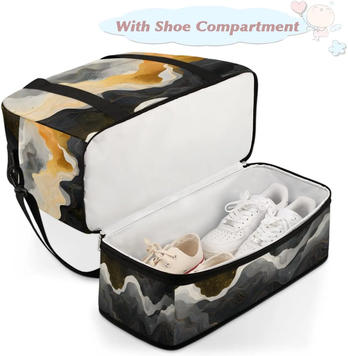 Gold Black Marble Foldable Travel Duffel Bag Overnight Weekender Bag with Shoes Compartment Sports Gym Bag for Men Women