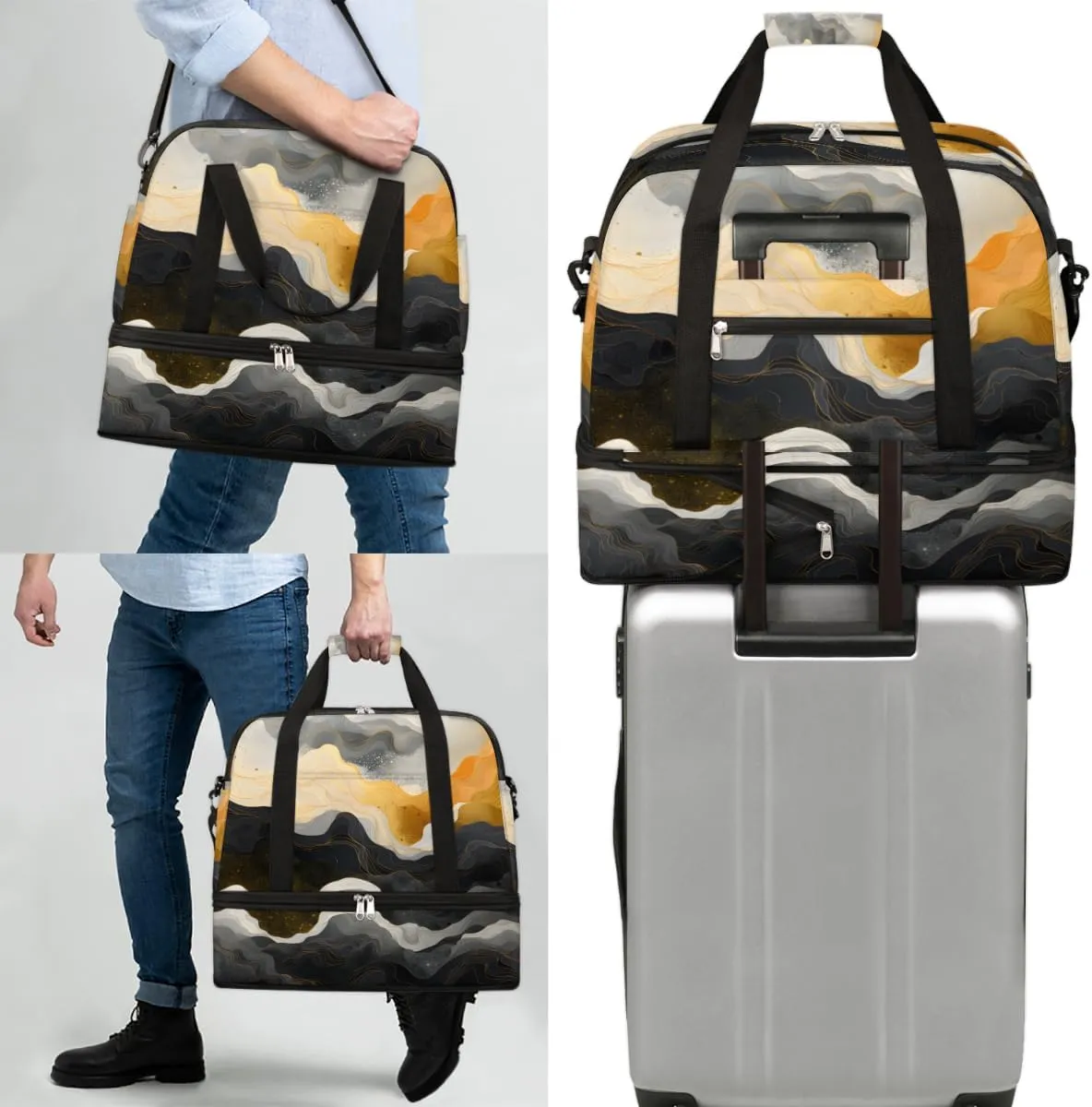 Gold Black Marble Foldable Travel Duffel Bag Overnight Weekender Bag with Shoes Compartment Sports Gym Bag for Men Women