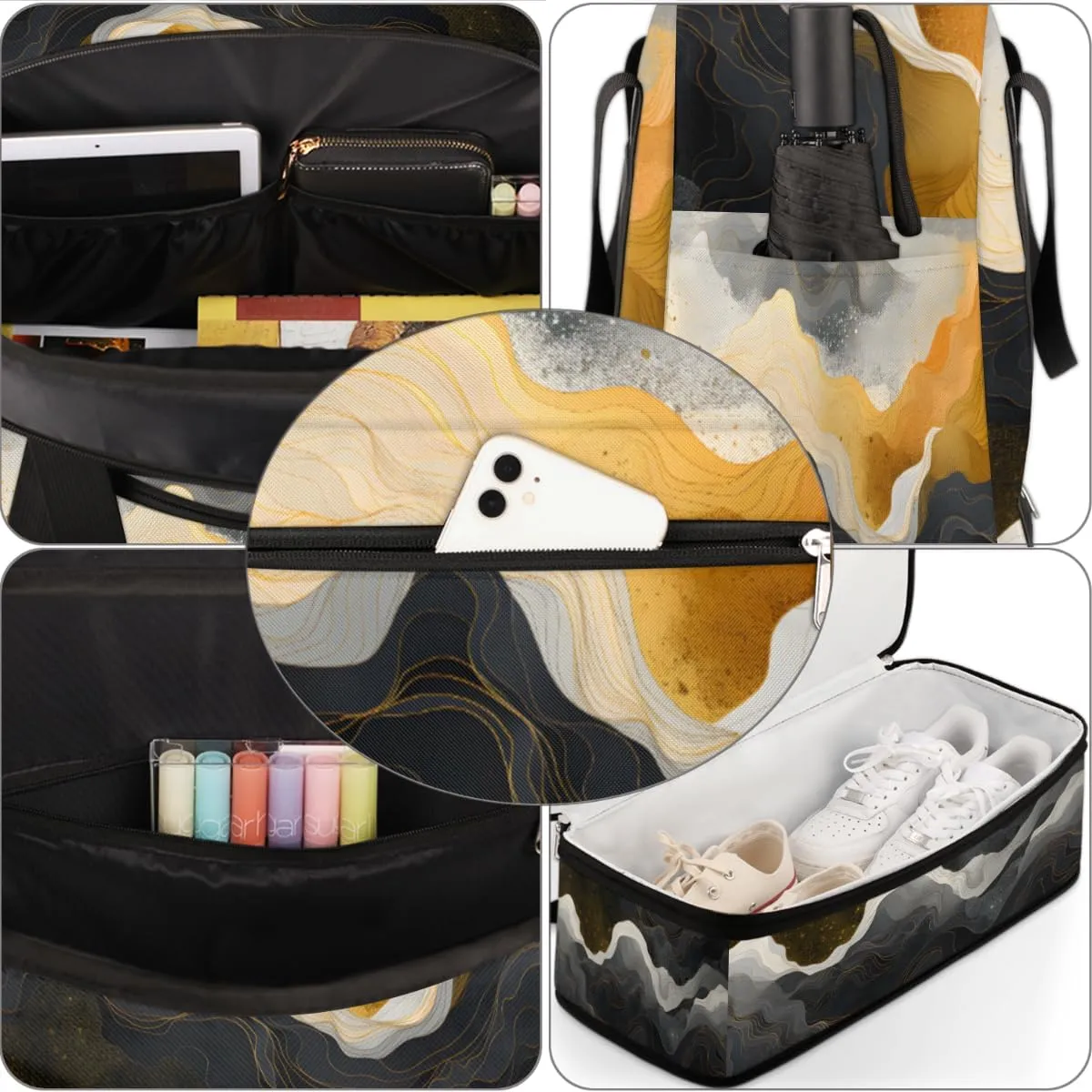 Gold Black Marble Foldable Travel Duffel Bag Overnight Weekender Bag with Shoes Compartment Sports Gym Bag for Men Women