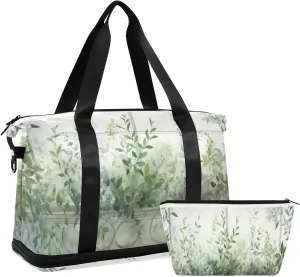 Green Leaves Sports Gym Bag,Travel Duffel bag with Wet Pocket & Shoes Compartment Lightweight Waterproof Overnight Bag for Men Women