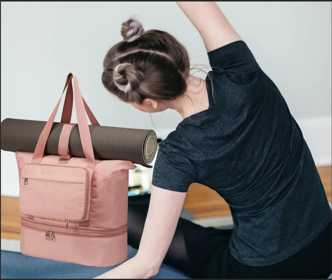 Gym Bag, Foldie Travel Bag Expandable, Duffle Bag, Canvas Tote Bag with Yoga Mat Strap and Shoes Compartment Wet Pocket
