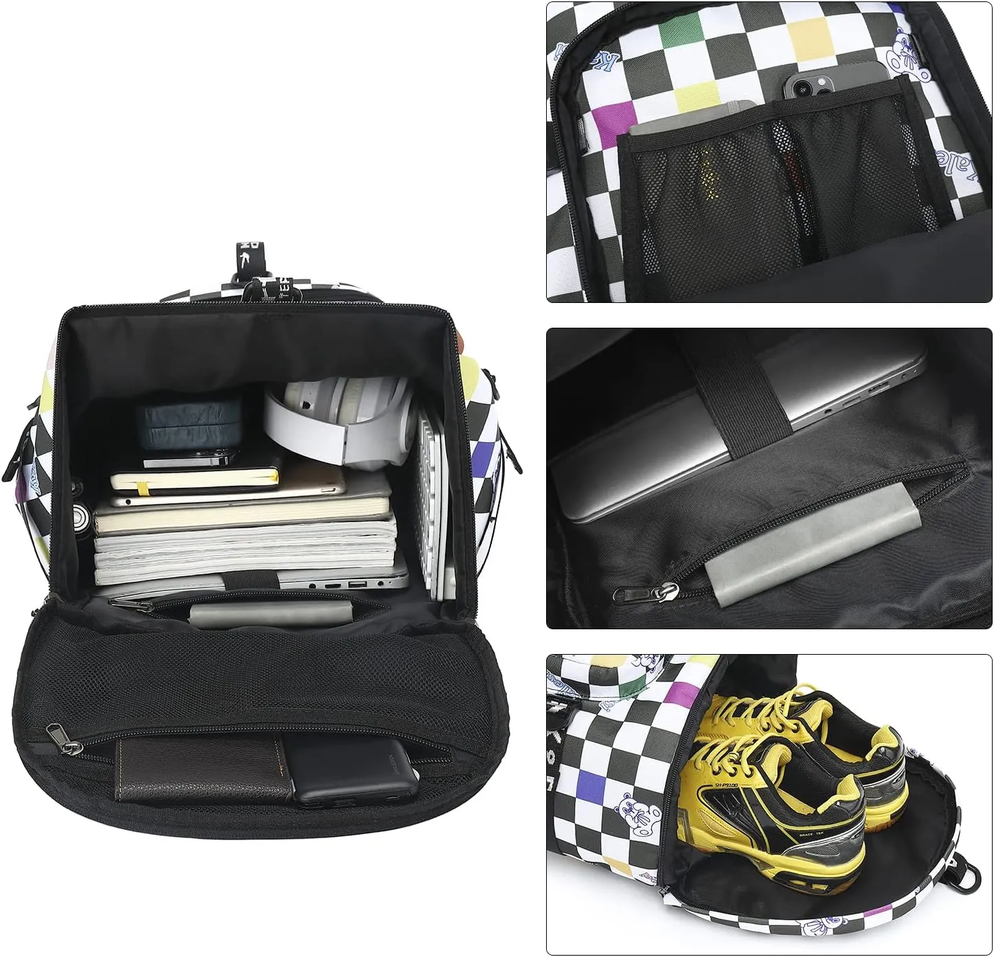 Gym Duffle Bag Backpack 4-Way Waterproof with Shoes Compartment for travel Sport Hiking laptop, Checkerboard, X-Large, Modern