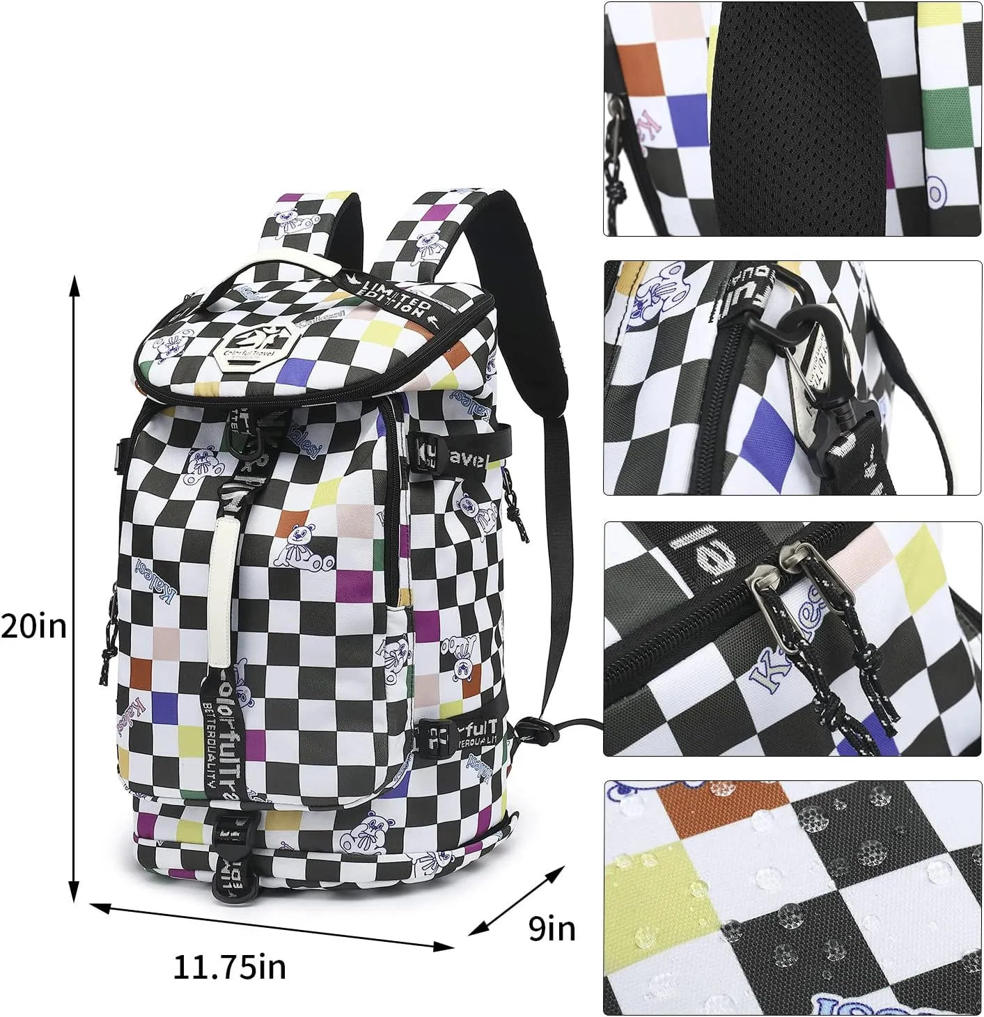 Gym Duffle Bag Backpack 4-Way Waterproof with Shoes Compartment for travel Sport Hiking laptop, Checkerboard, X-Large, Modern