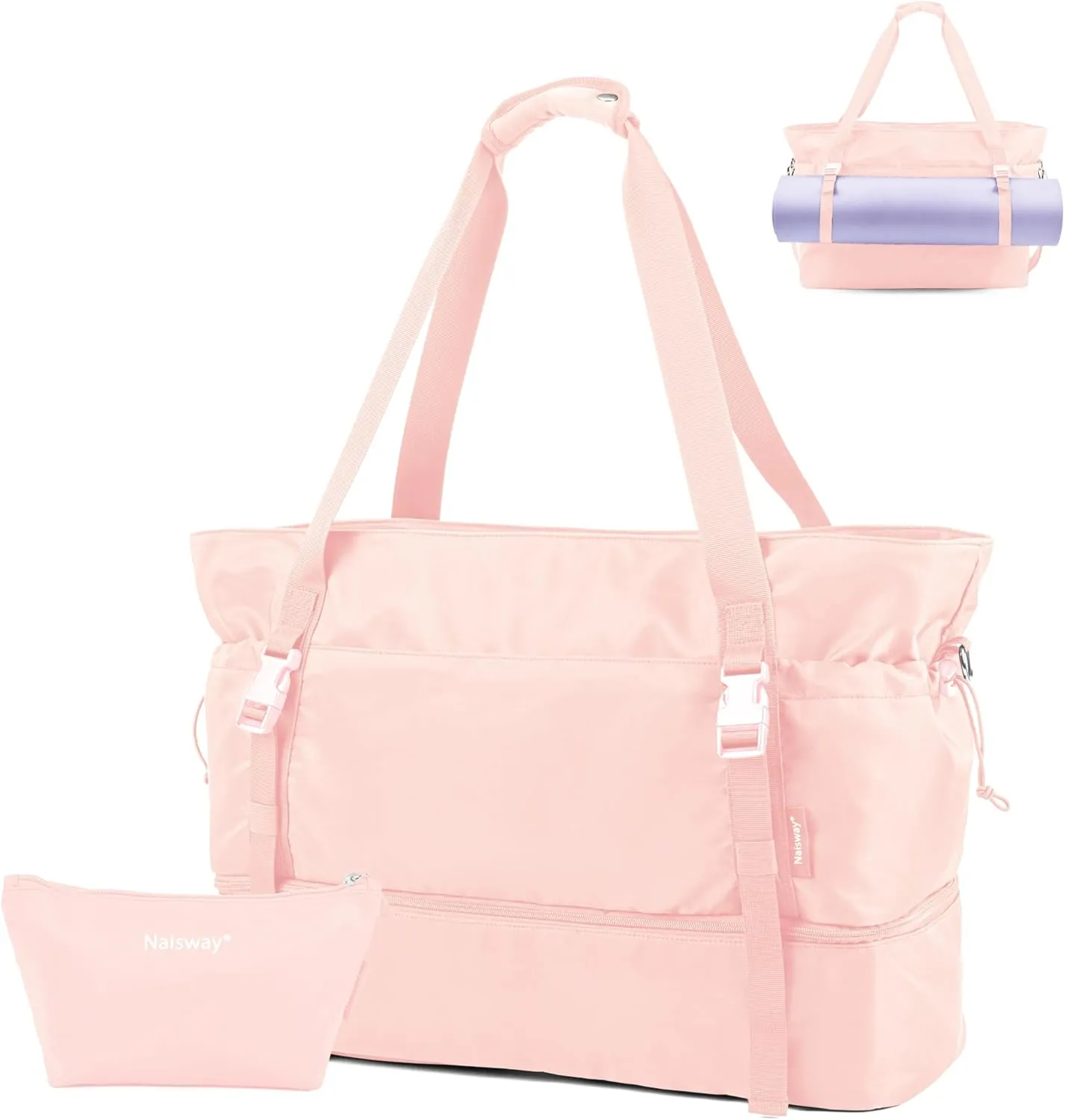 Gym Duffle for Women Sports Travel With Shoes Compartment and Wet Pocket, Yoga Mat Tote, Overnight Weekender Bag (Pink)