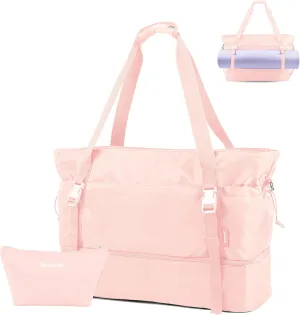 Gym Duffle for Women Sports Travel With Shoes Compartment and Wet Pocket, Yoga Mat Tote, Overnight Weekender Bag (Pink)