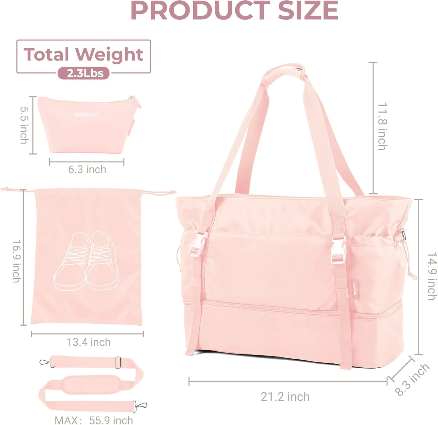 Gym Duffle for Women Sports Travel With Shoes Compartment and Wet Pocket, Yoga Mat Tote, Overnight Weekender Bag (Pink)