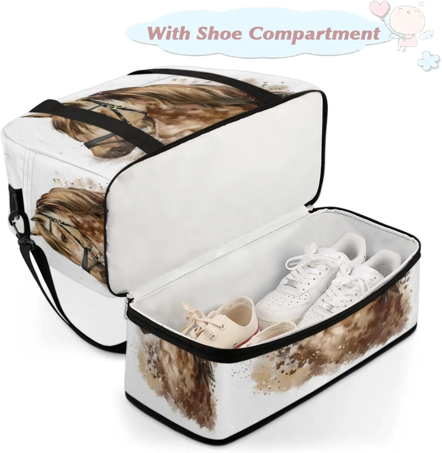 Horse Head Foldable Travel Duffel Bag, Expandable Sports Gym Bag with Shoes Compartment Weekender Overnight Totes Bags for Women Men